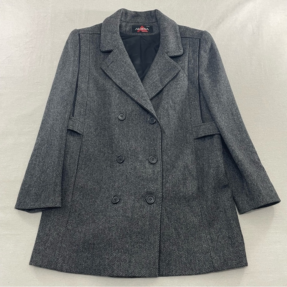 Alorna Forstmann Wool Pea Coat Women Gray Herringbone Double Breasted 80s USA